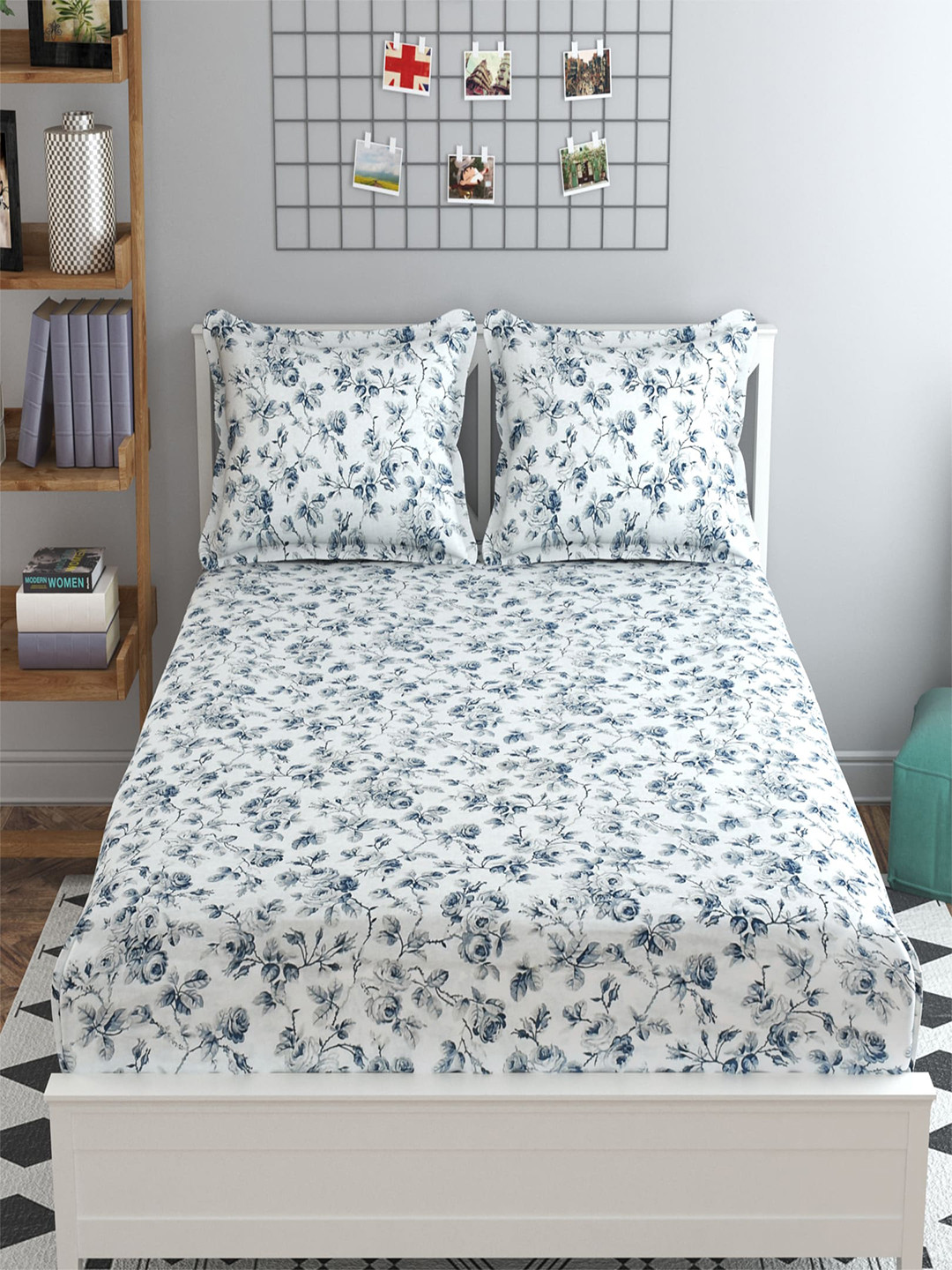 

Hammer Home White & Blue Floral 300 TC Cotton Fitted King Bedsheet with 2 Pillow Covers
