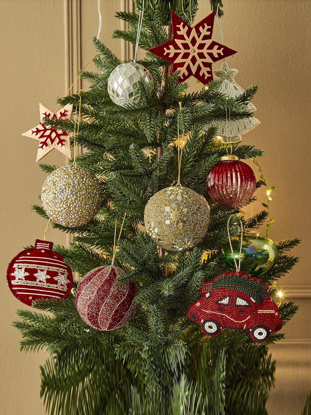 

Home Centre Red Beaded Fabric Taxi Christmas Tree Ornament