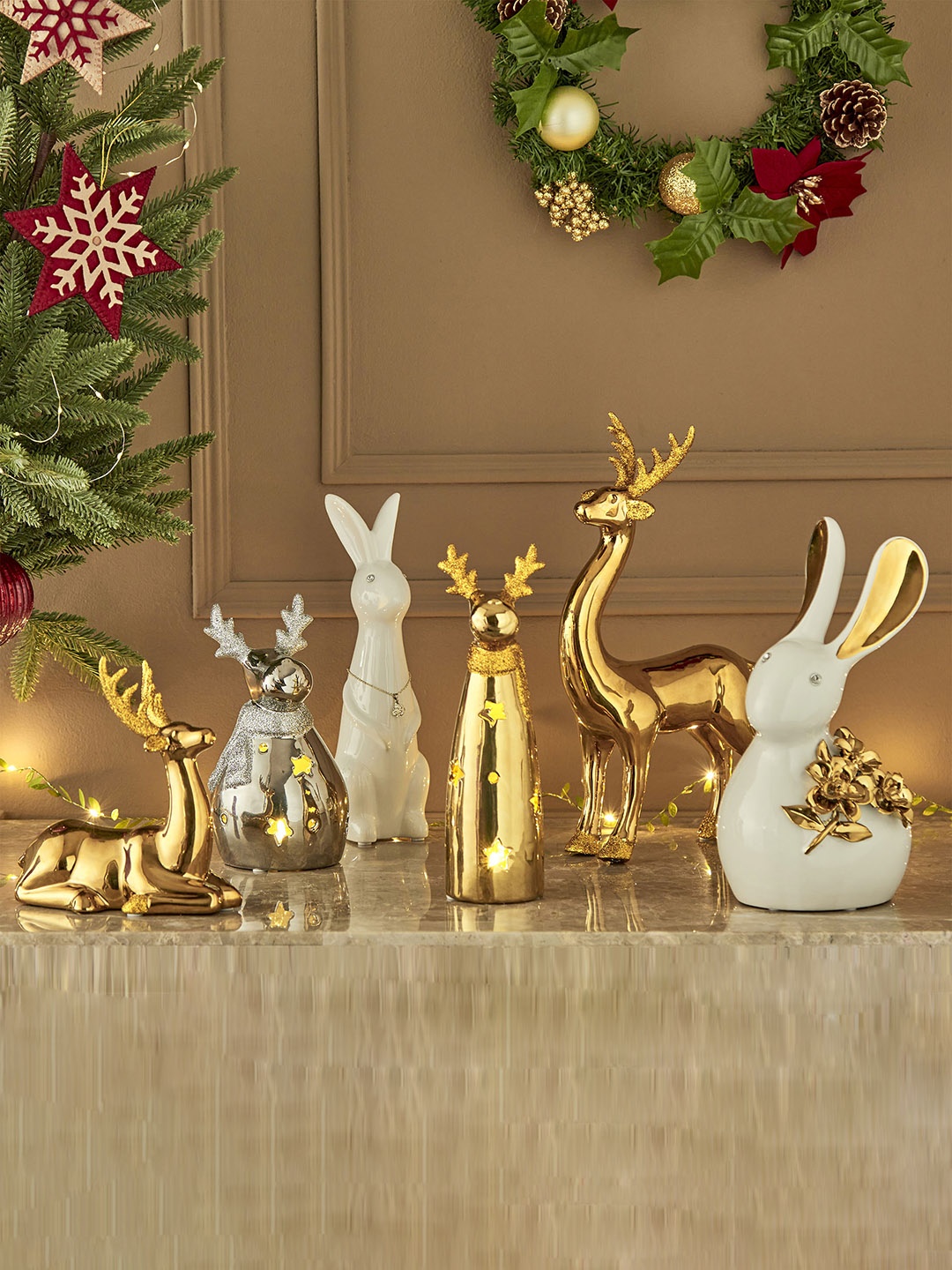 

Home Centre Carols Gold-Toned Ceramic Reindeer Snowman Table Accent