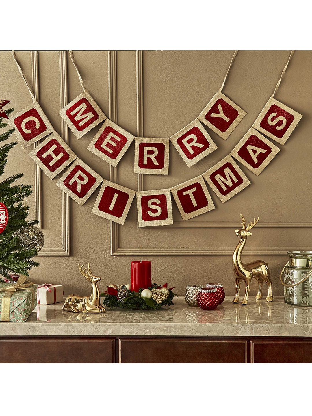 

Home Centre Set Of 2 Red Printed Merry Christmas Paper Garland