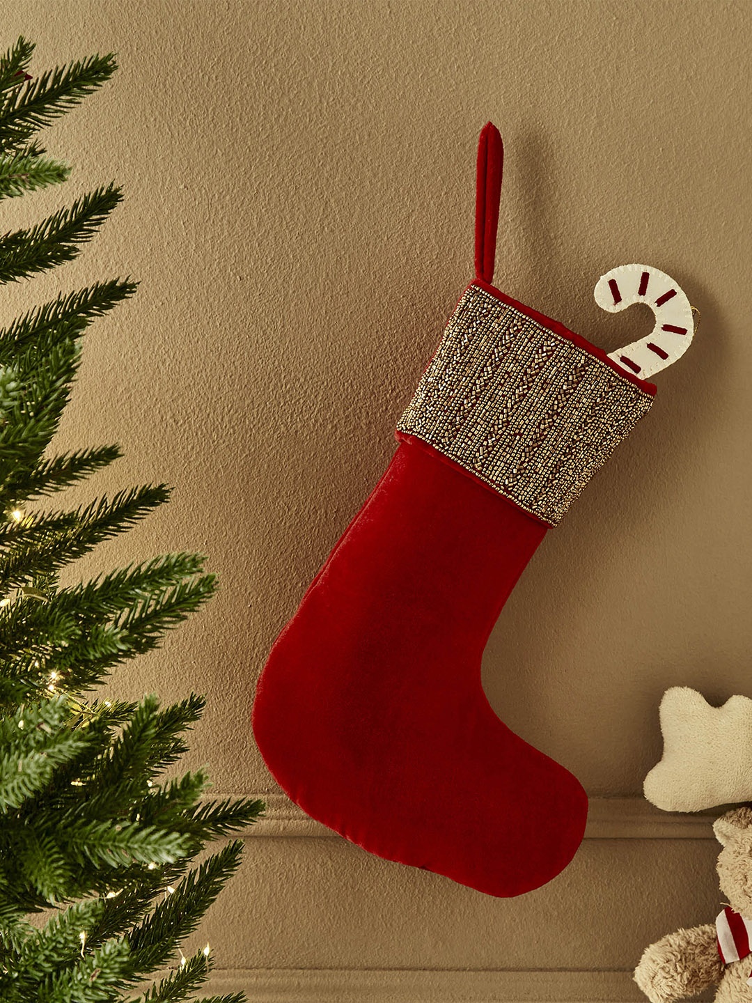 

Home Centre Carols Red Beaded Christmas Stocking