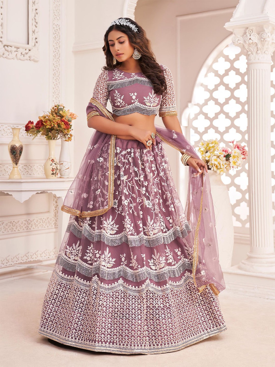 

ODETTE Embroidered Semi-Stitched Lehenga & Unstitched Blouse With Dupatta, Purple