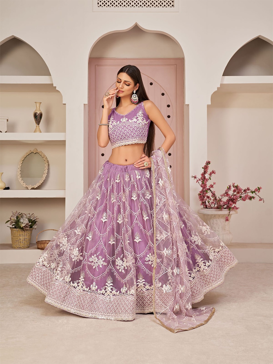 

ODETTE Embroidered Semi-Stitched Lehenga & Unstitched Blouse With Dupatta, Purple