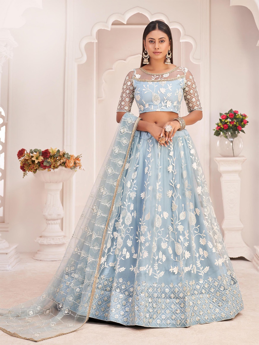 

ODETTE Embroidered Semi-Stitched Lehenga & Unstitched Blouse With Dupatta, Blue