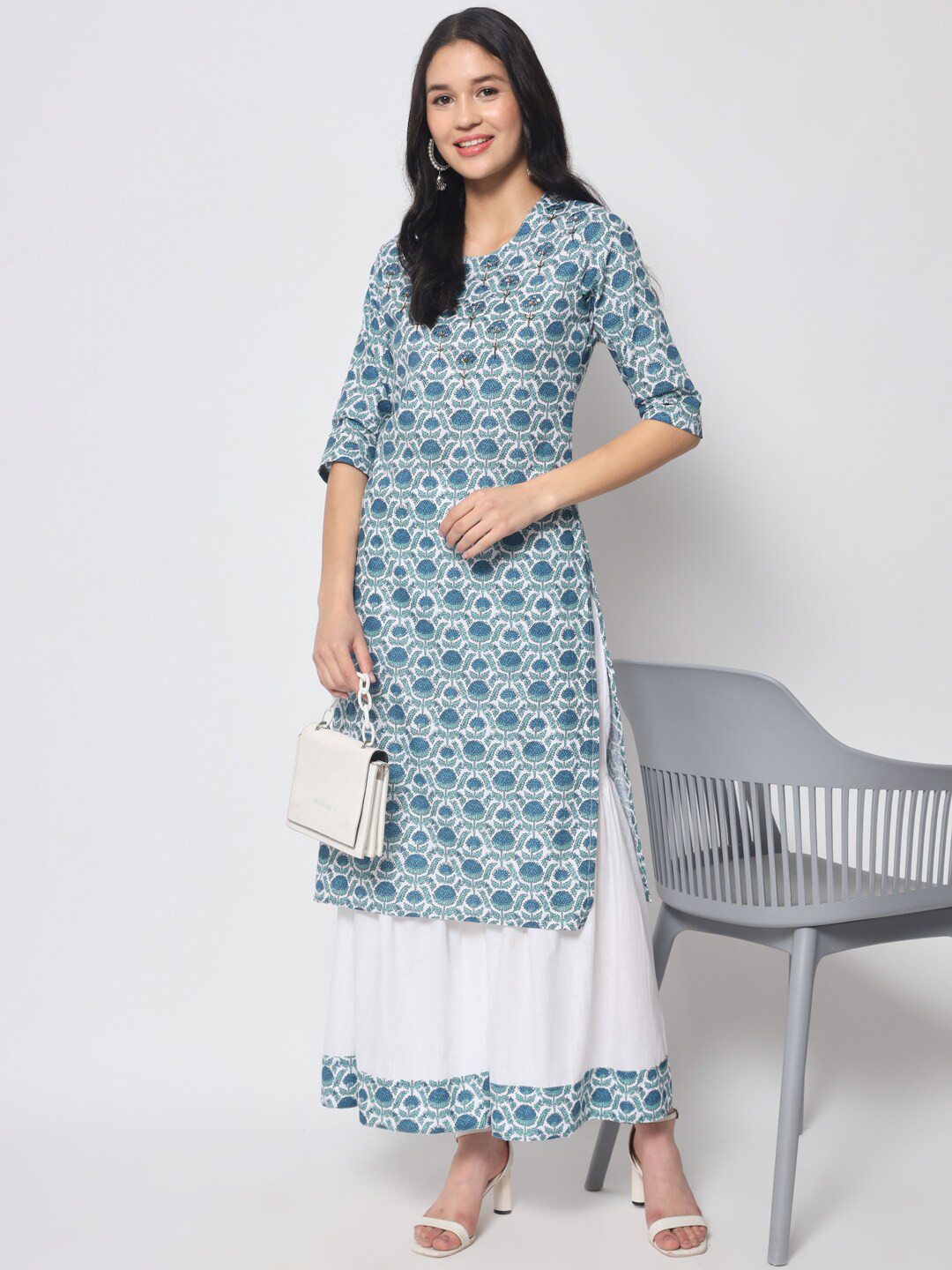 

Vastralay Floral Printed Sequinned Kurta with Sharara, Blue