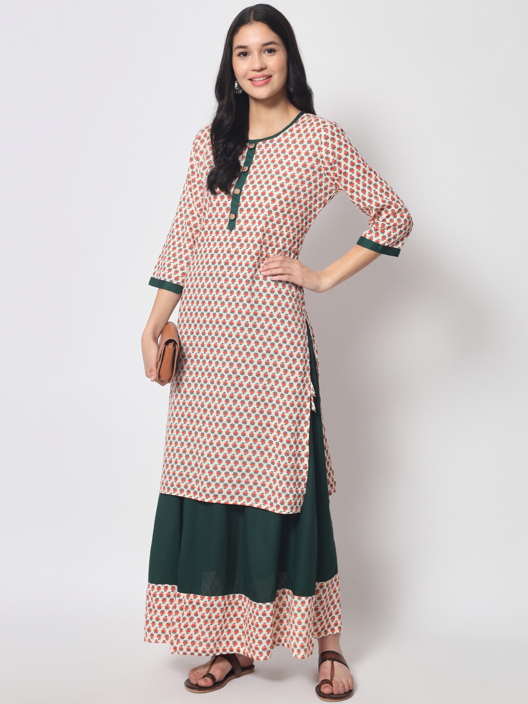 

Vastralay Floral Printed Kurta with Skirt, Beige