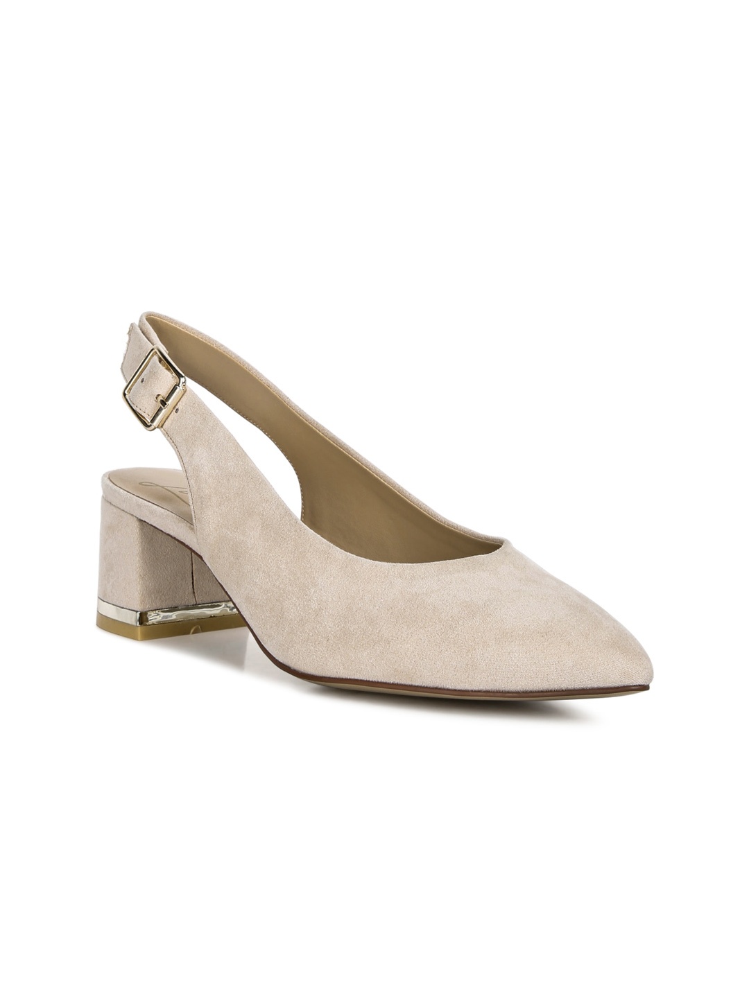 

London Rag Suede Block Pumps with Buckles, Beige