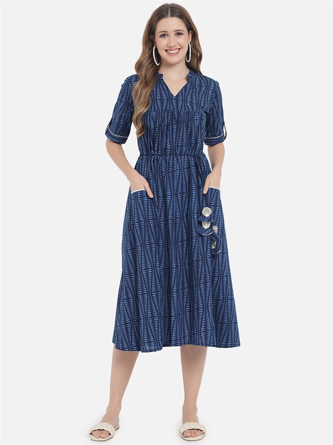 

Meeranshi Printed Ethnic Motifs A-Line Midi Cotton Dress, Navy blue