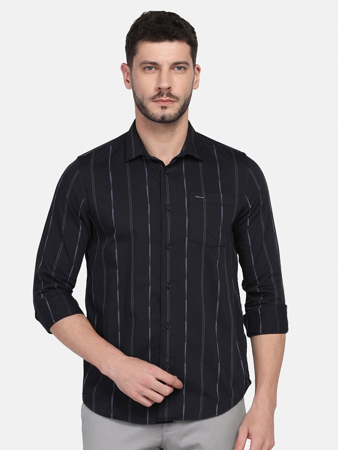 

Blackberrys Men Slim Fit Striped Casual Cotton Shirt, Black