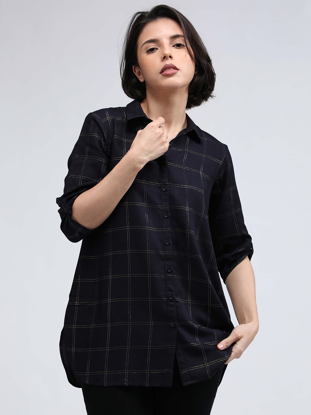 

IDK Women Windowpane Checks Checked Casual Shirt, Black