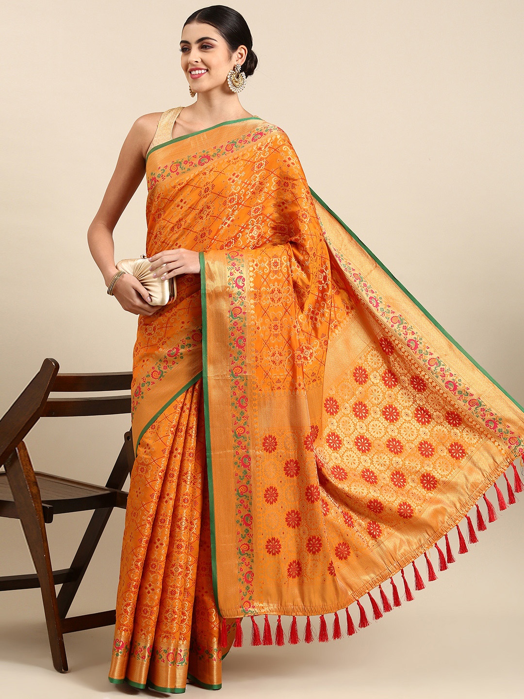 

Mitera Ethnic Motifs Zari Silk Blend Banarasi Patola Saree, Orange