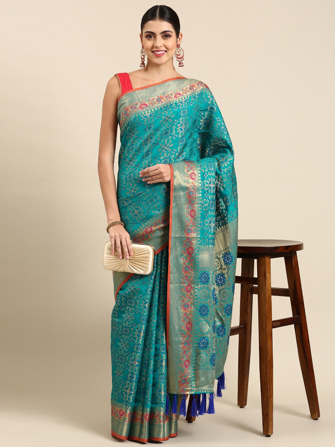 

Mitera Ethnic Motifs Zari Silk Blend Patola Saree, Blue