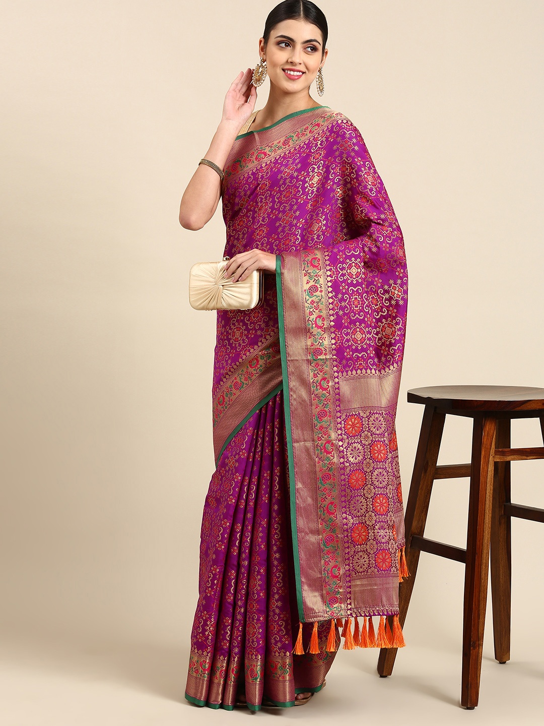 

Mitera Ethnic Motifs Zari Silk Blend Patola Saree, Purple