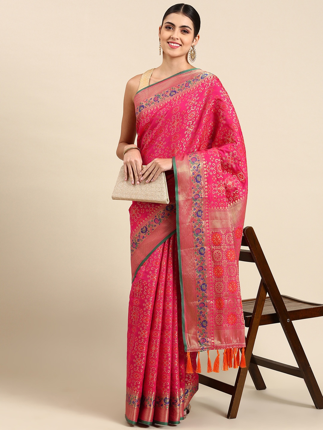

Mitera Woven Design Zari Silk Blend Banarasi Patola Saree, Pink