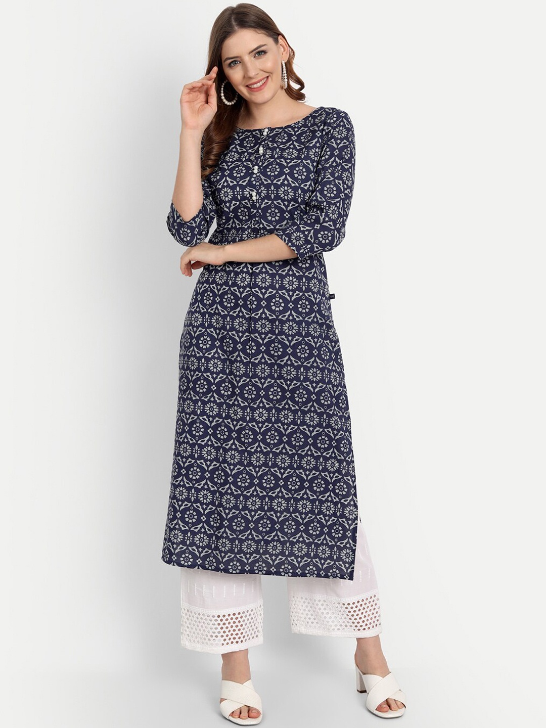 

githaan Boat Neck Floral Printed Kurta, Blue