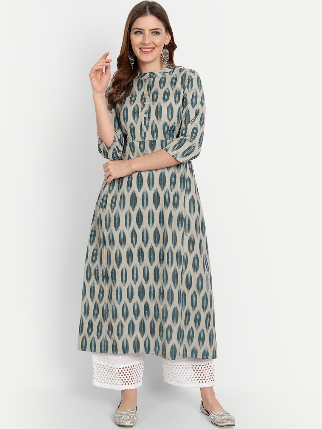 

githaan Ethnic Motifs Mandarin Collar Printed A-Line Kurta, Grey