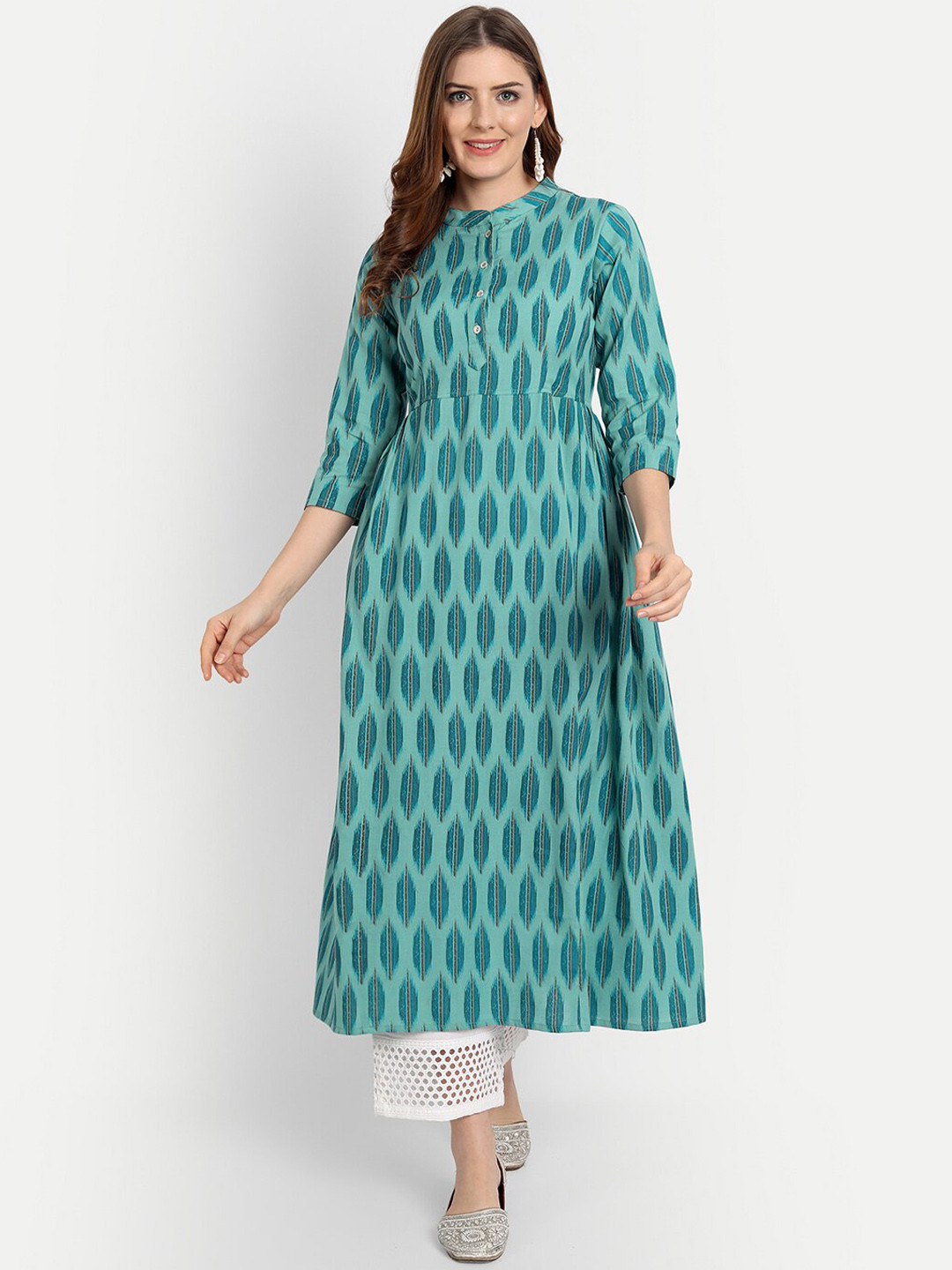 

githaan Ethnic Motifs Mandarin Collar Angrakha Printed Kurta, Turquoise blue