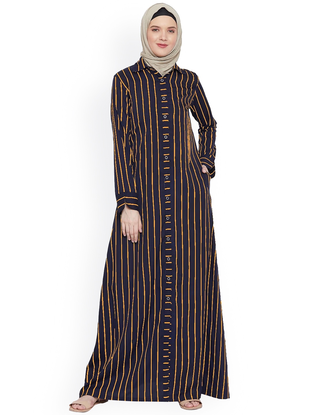 

MOMIN LIBAS Collar Neck Striped Burqas, Navy blue