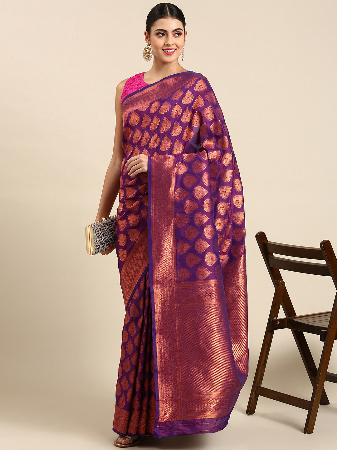 

Mitera Ethnic Motifs Zari Silk Blend Banarasi Saree, Purple