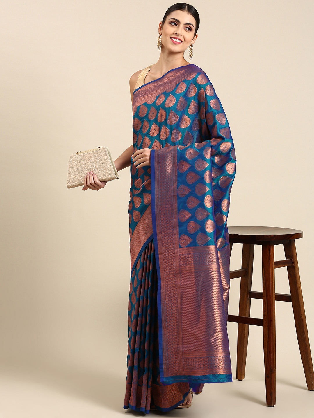 

Mitera Ethnic Motifs Zari Silk Blend Banarasi Saree, Blue