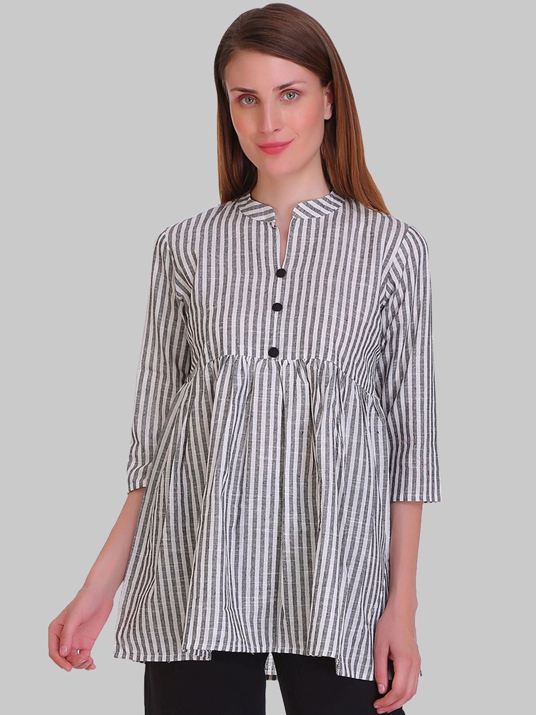 

SAUNDARYA Striped Mandarin Collar Longline Cotton Top, Grey