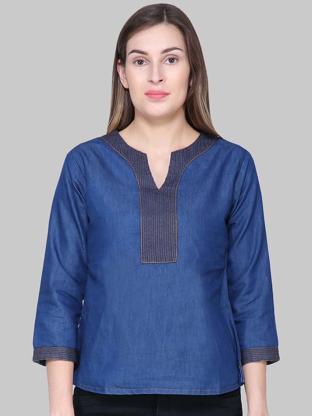 

SAUNDARYA Round Neck Thread Work Top, Navy blue