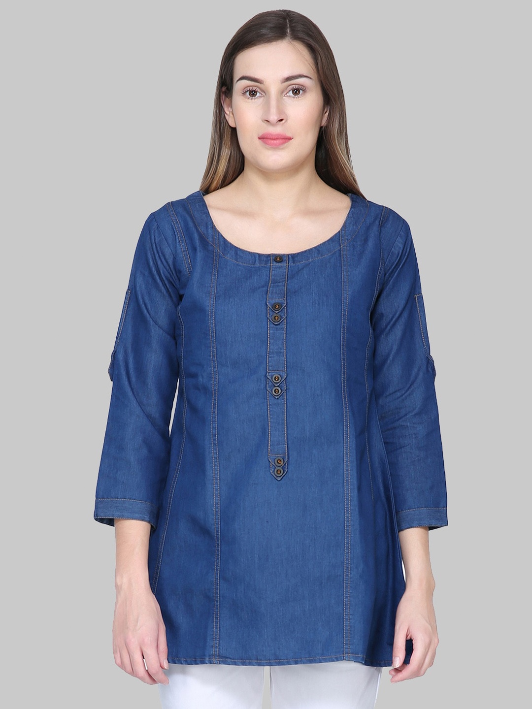 

SAUNDARYA Round Neck Longline Top, Navy blue