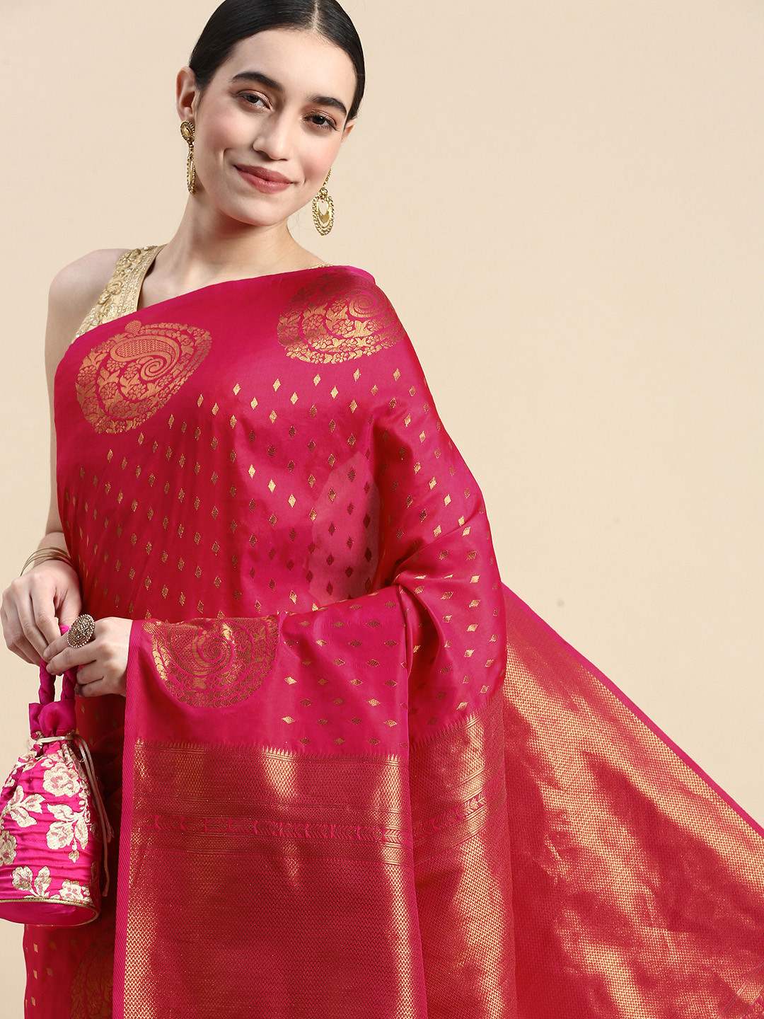 

Mitera Pink & Gold-Toned Ethnic Motifs Zari Silk Blend Banarasi Saree