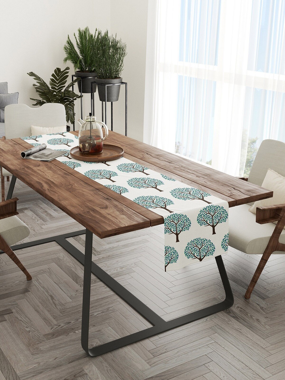 

STITCHNEST Green Floral Printed Pure Cotton Table Runner