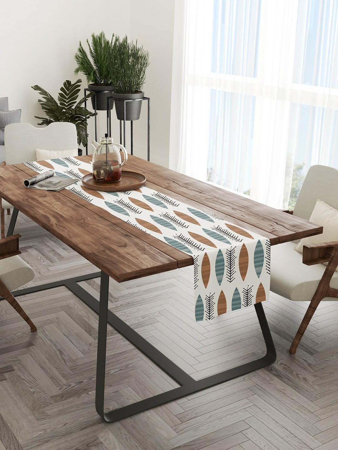 

STITCHNEST White & Brown Printed Pure Cotton Table Runners