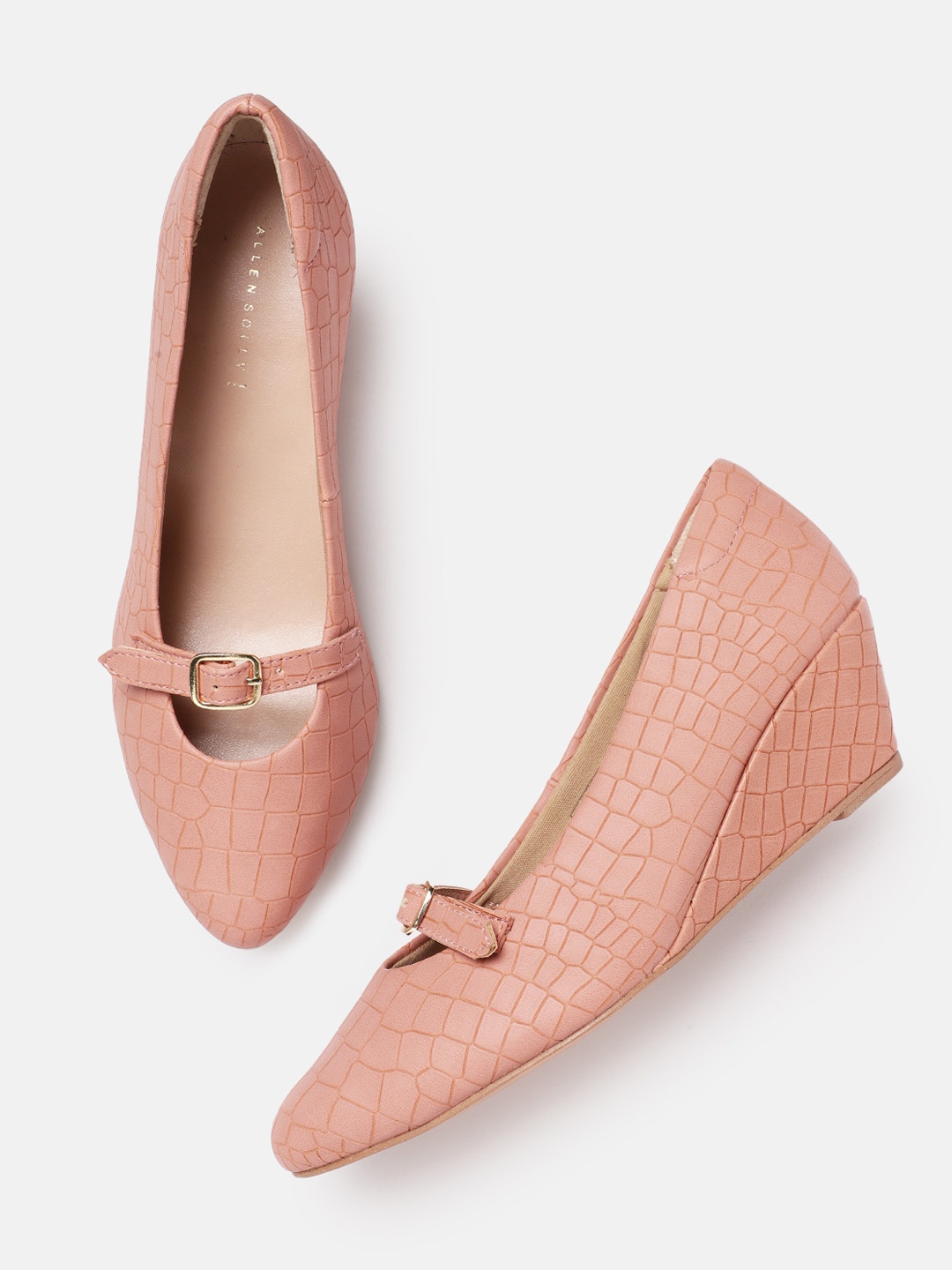 

Allen Solly Women Croc Textured Buckle Detail Wedge Heel Pumps, Pink