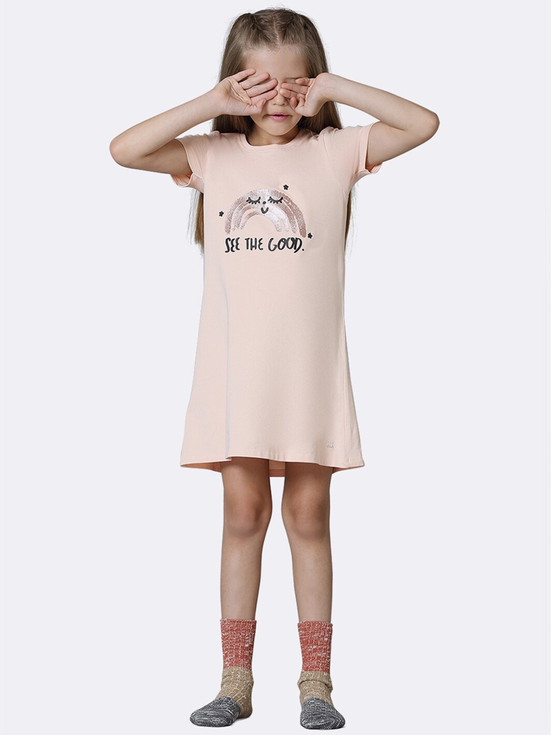 

Van Heusen Girls Graphic Printed Round Neck T-shirt Nightdress, Beige
