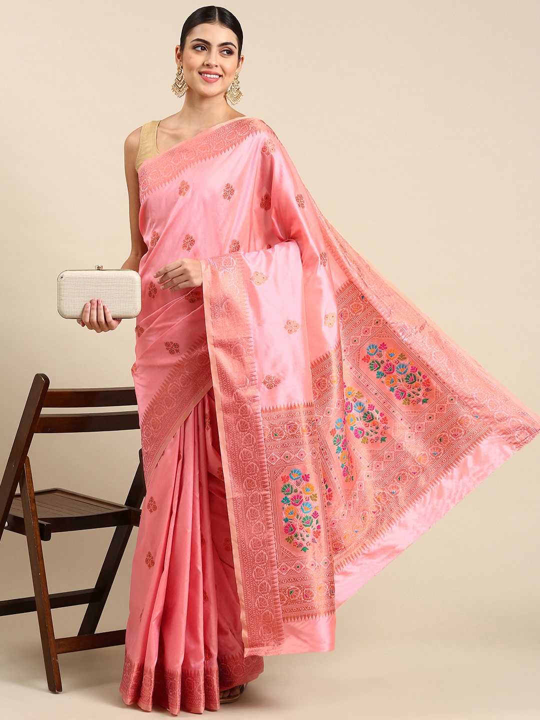 

Mitera Ethnic Motifs Silk Blend Paithani Saree, Pink