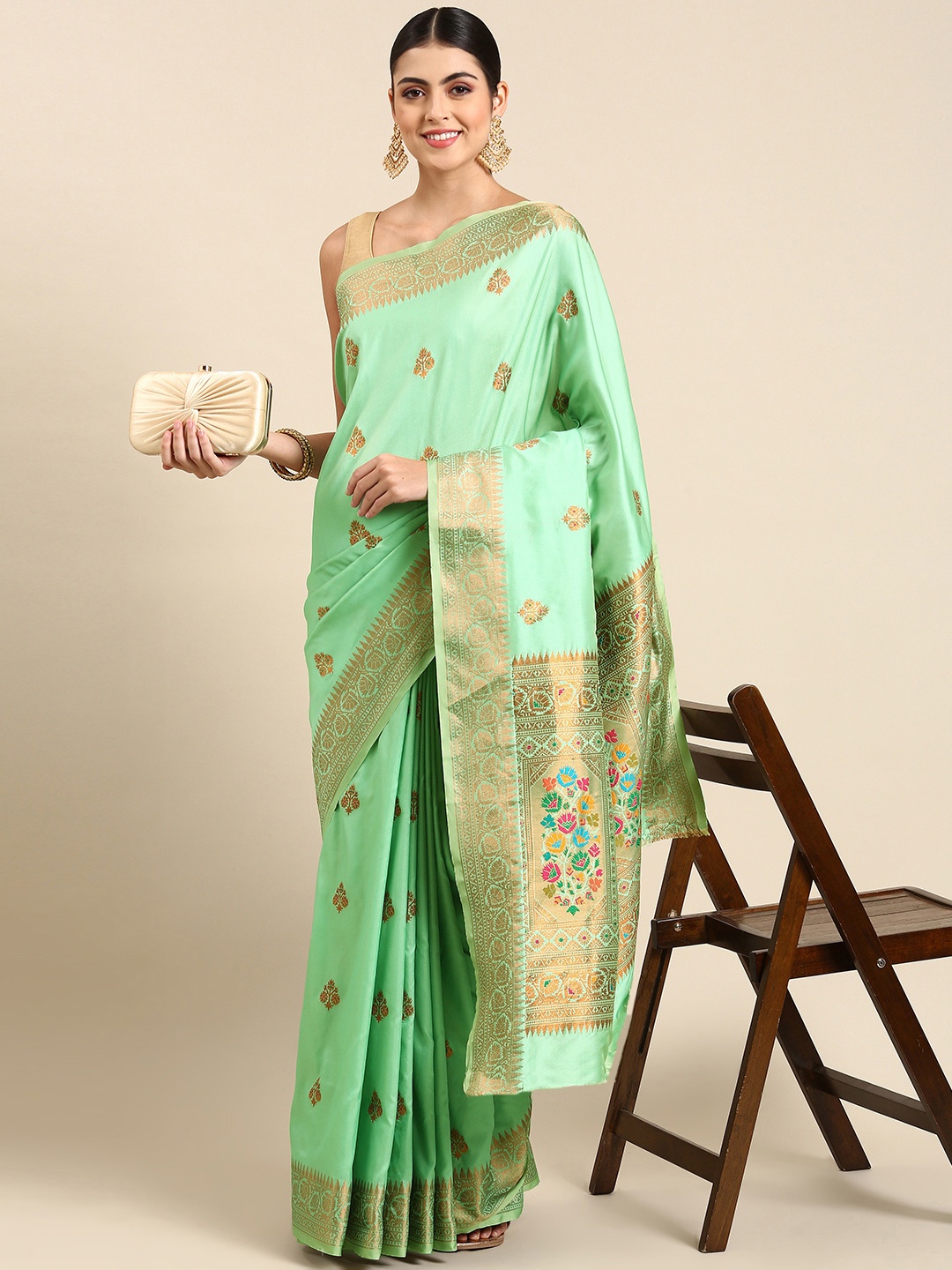 

Mitera Ethnic Motifs Silk Blend Paithani Saree, Sea green