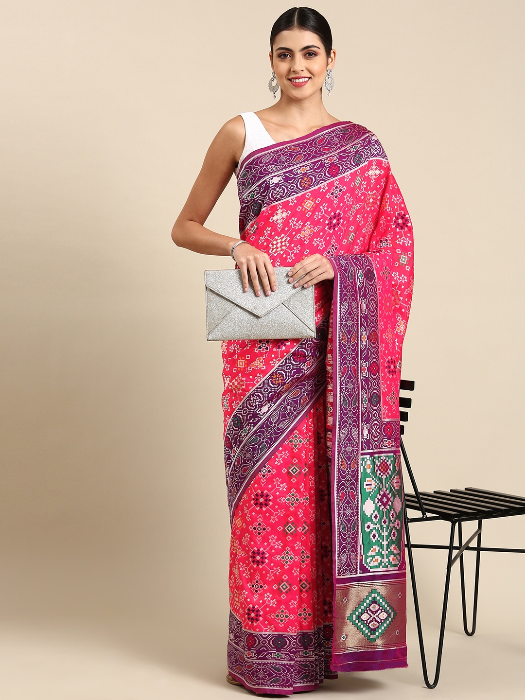 

Mitera Ethnic Motifs Silk Blend Patola Saree, Pink