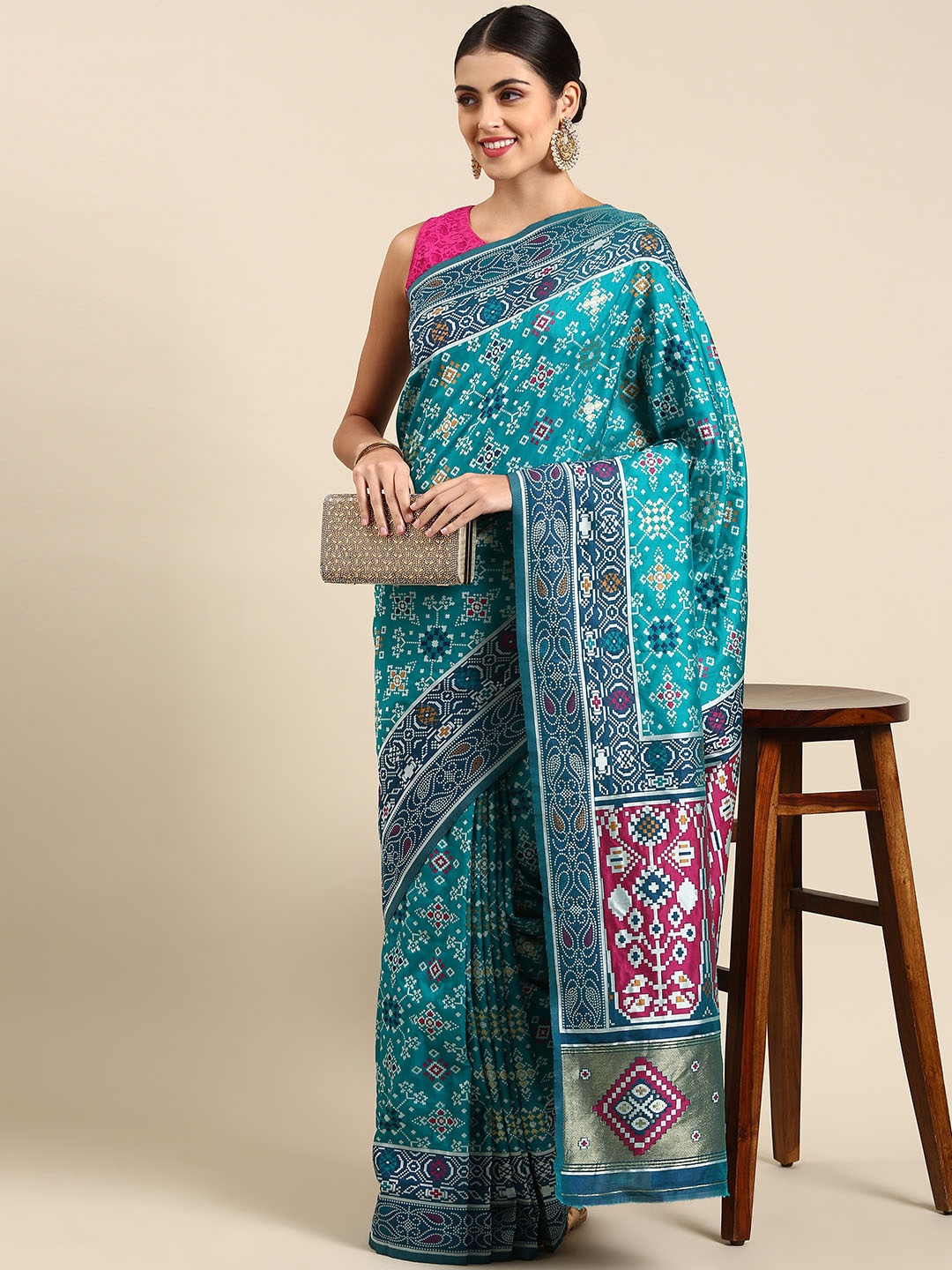 

Mitera Ethnic Motifs Silk Blend Patola Saree, Blue