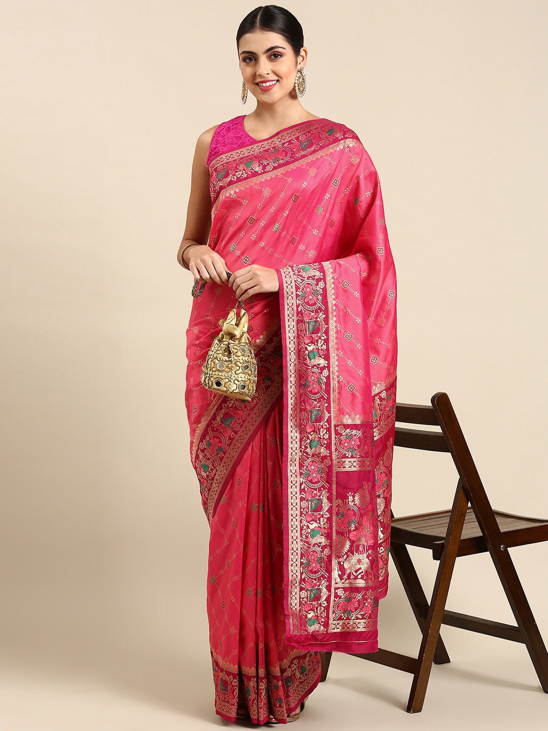 

Mitera Ethnic Motifs Zari Silk Blend Banarasi Saree, Pink