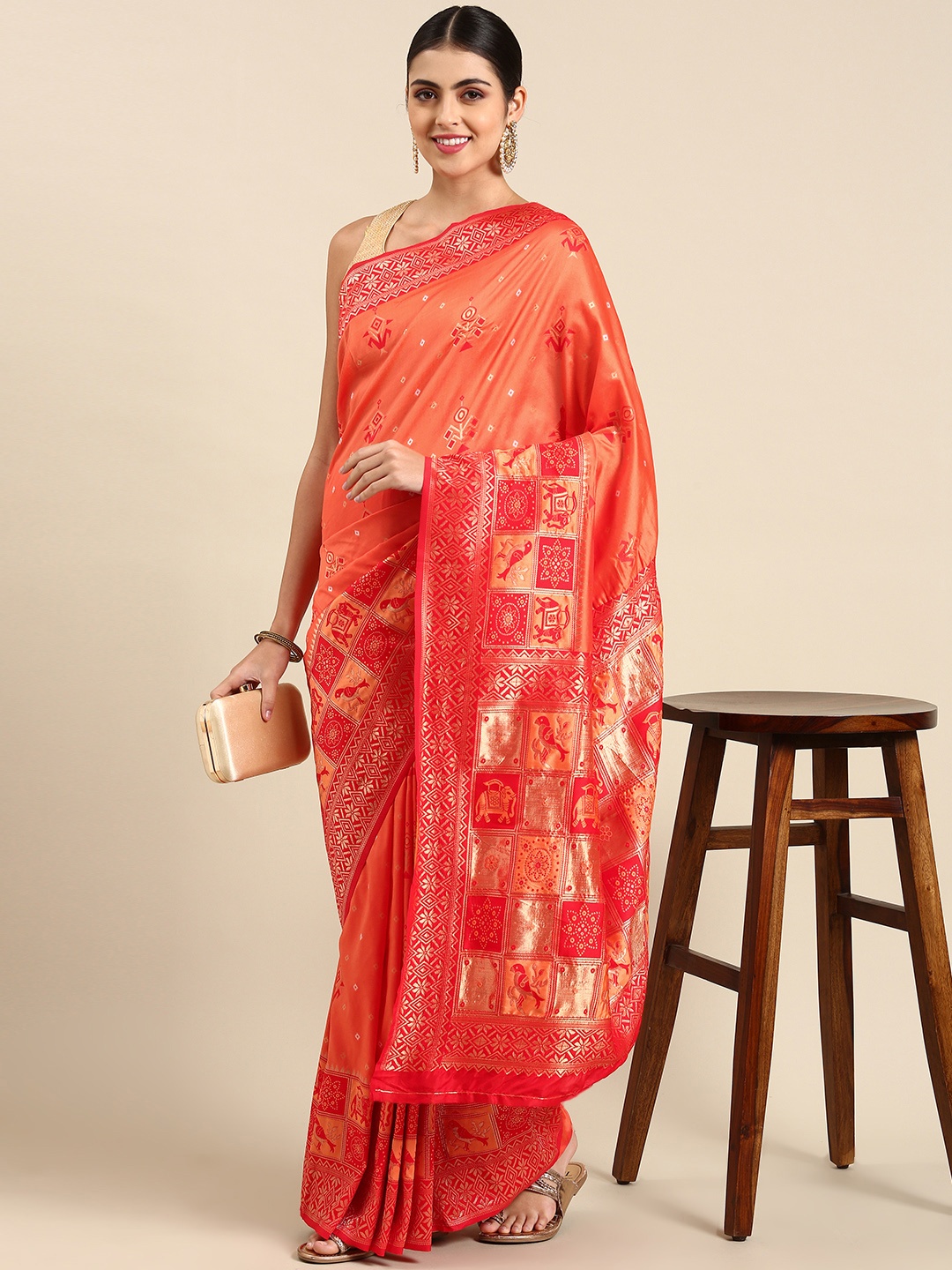 

Mitera Ethnic Motifs Zari Silk Blend Banarasi Saree, Orange