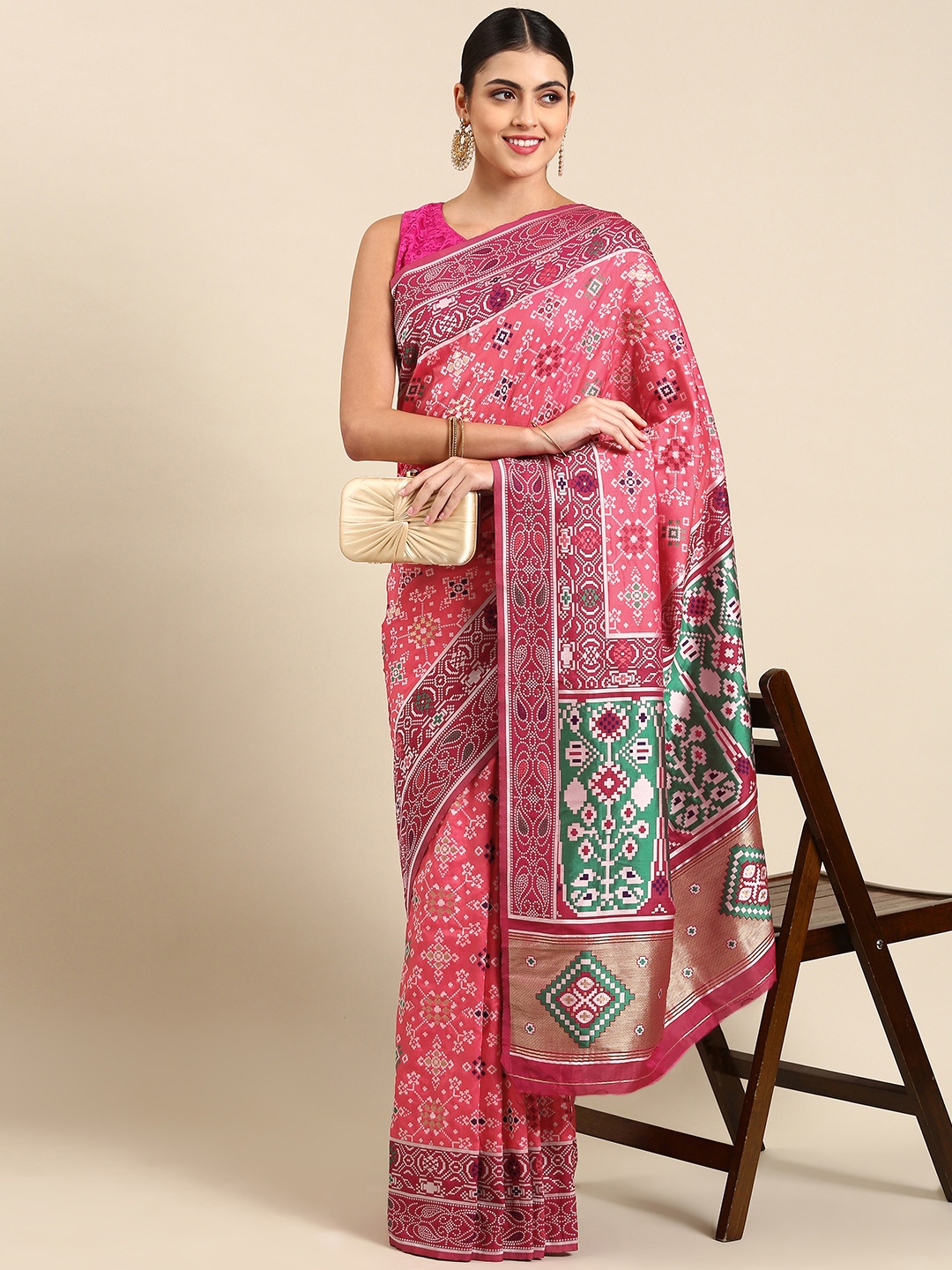 

Mitera Ethnic Motifs Zari Silk Blend Patola Saree, Pink