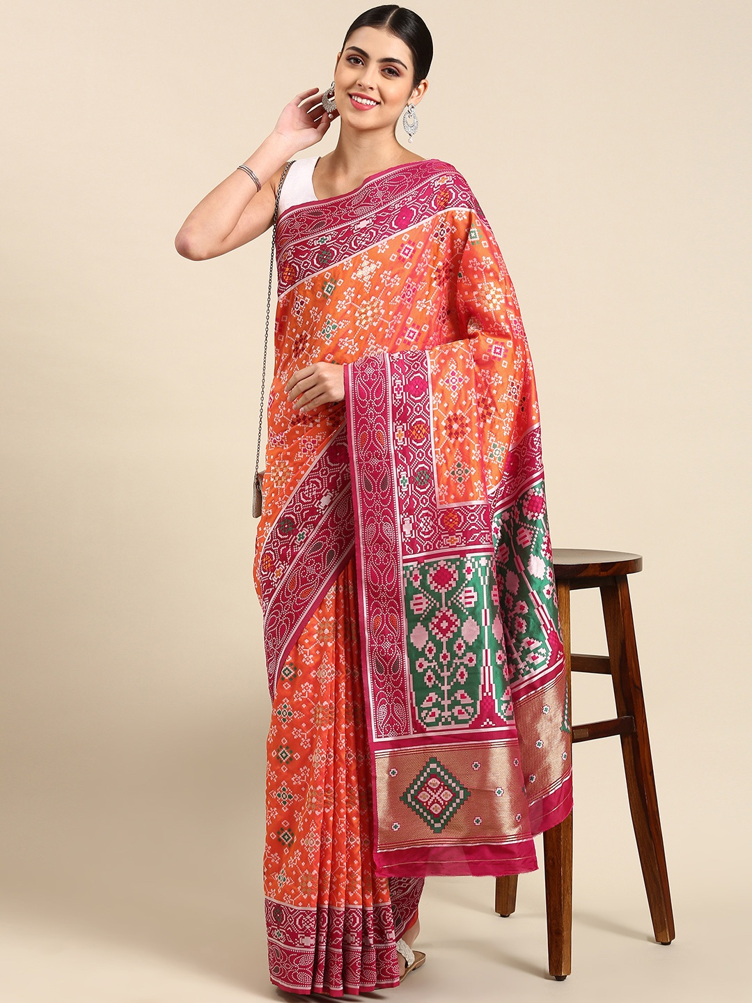 

Mitera Ethnic Motifs Silk Blend Patola Saree, Orange