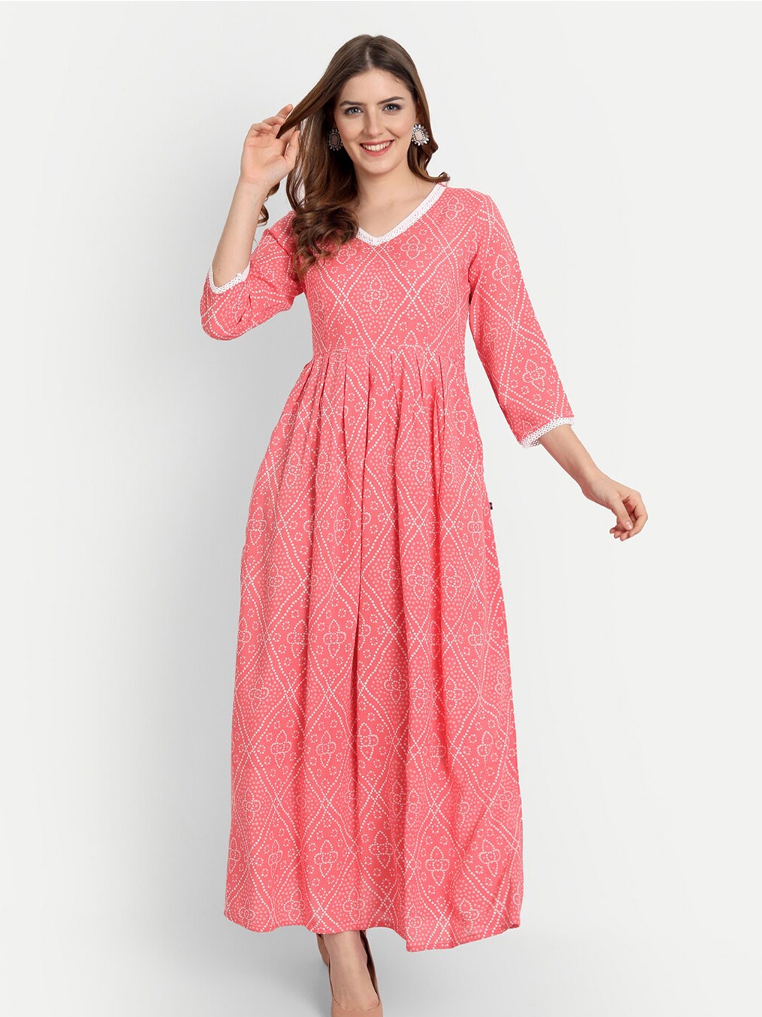 

githaan Ethnic Motifs Printed Maxi Fit & Flare Dress, Peach
