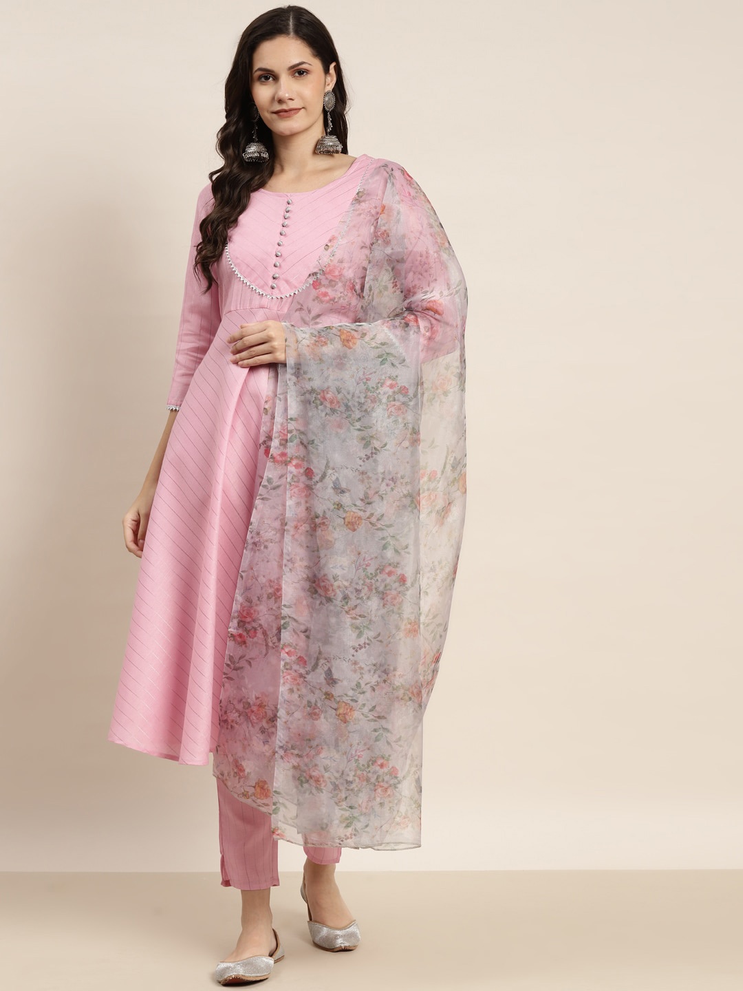 

Jompers Women Striped Kurta with Trousers & With Dupatta, Pink