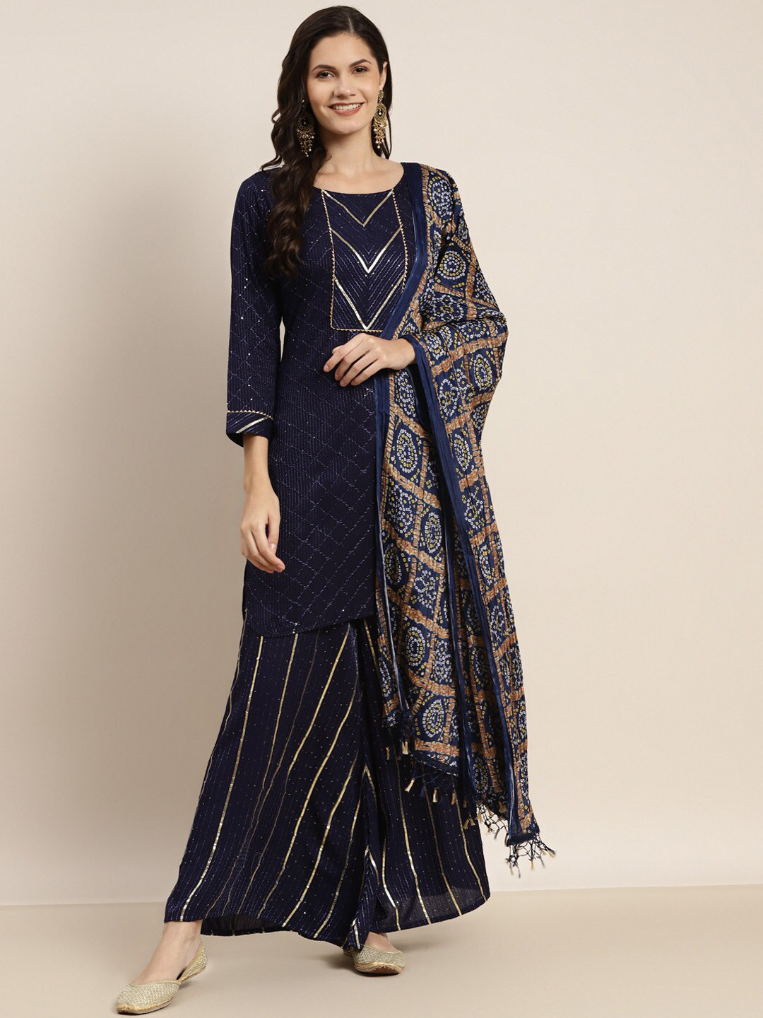 

Jompers Women Embroidered Kurta with Palazzos & With Dupatta, Navy blue