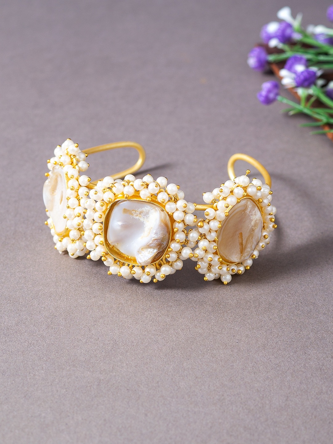 

Golden Peacock Women Mother of Pearl Gold-Plated Cuff Bracelet