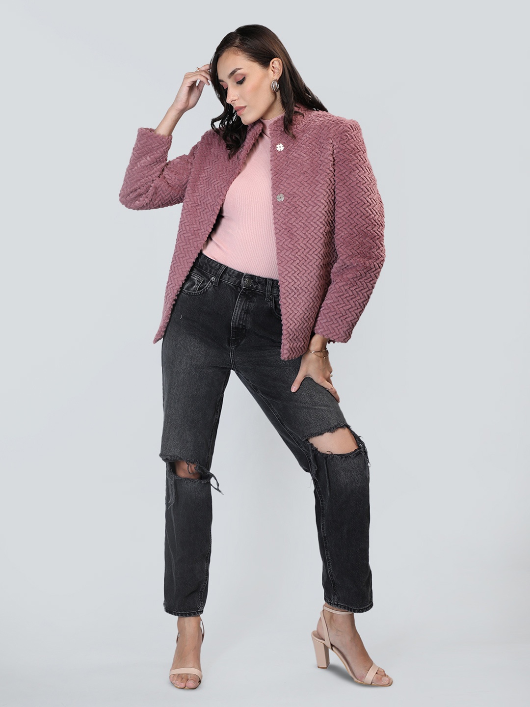 

LURE URBAN Women Cable-Knitted Wool Pea Coat, Fuchsia