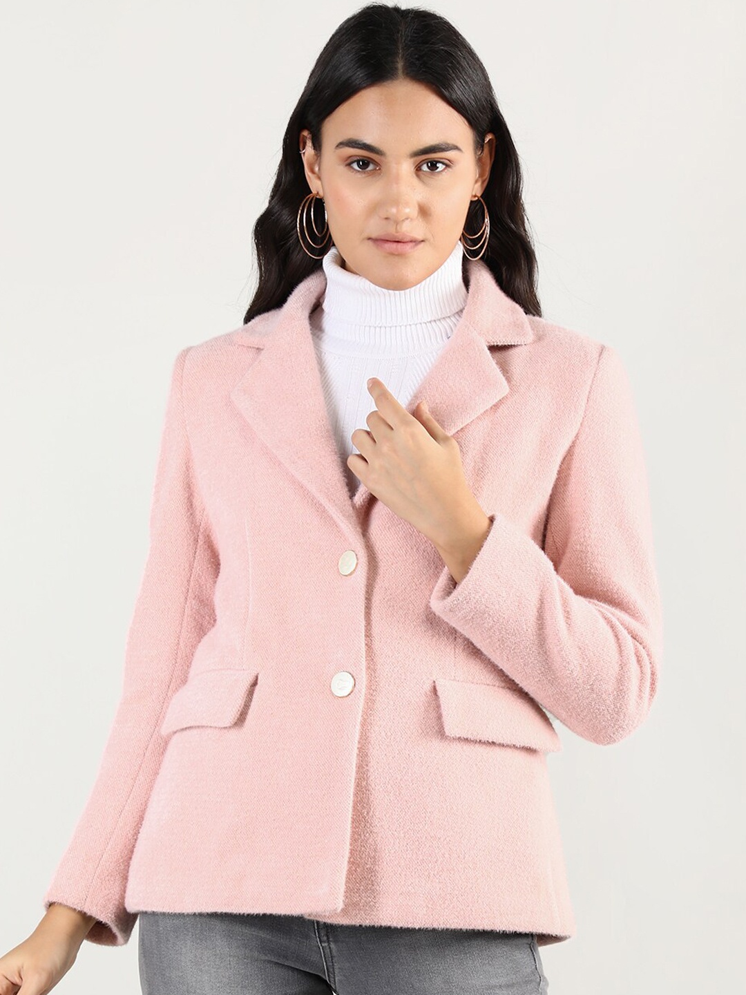 

LURE URBAN Women Notched Lapel Collar Single-Breasted Woolen Winter Overcoat, Pink