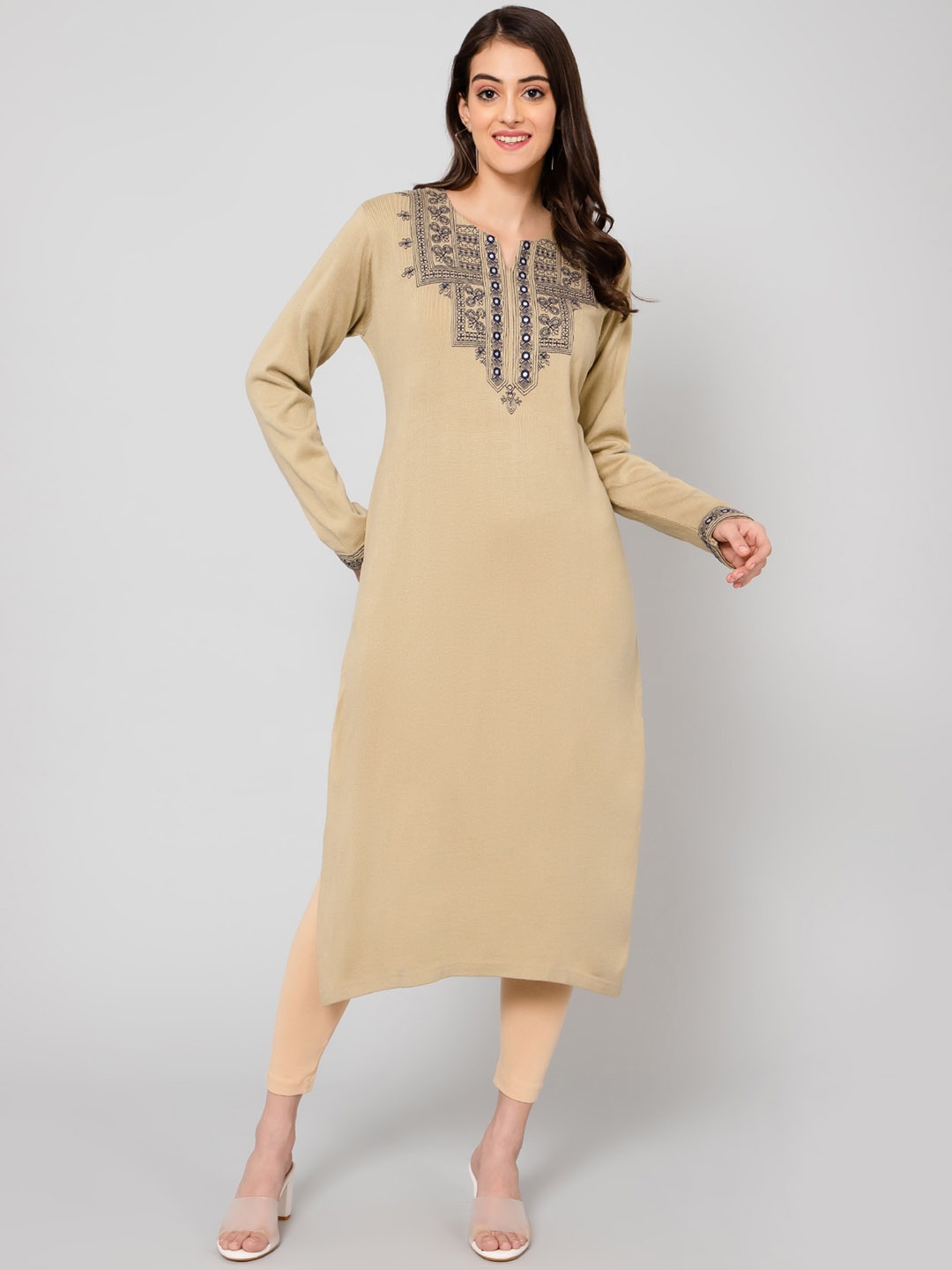 

Crozo By Cantabil Women Floral Embroidered Acrylic Kurta, Beige