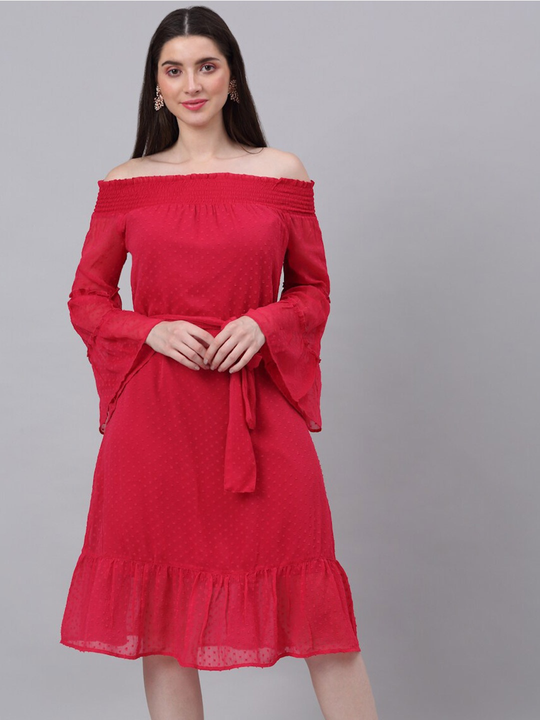 

NEUDIS Off-Shoulder Chiffon A-Line Dress, Red