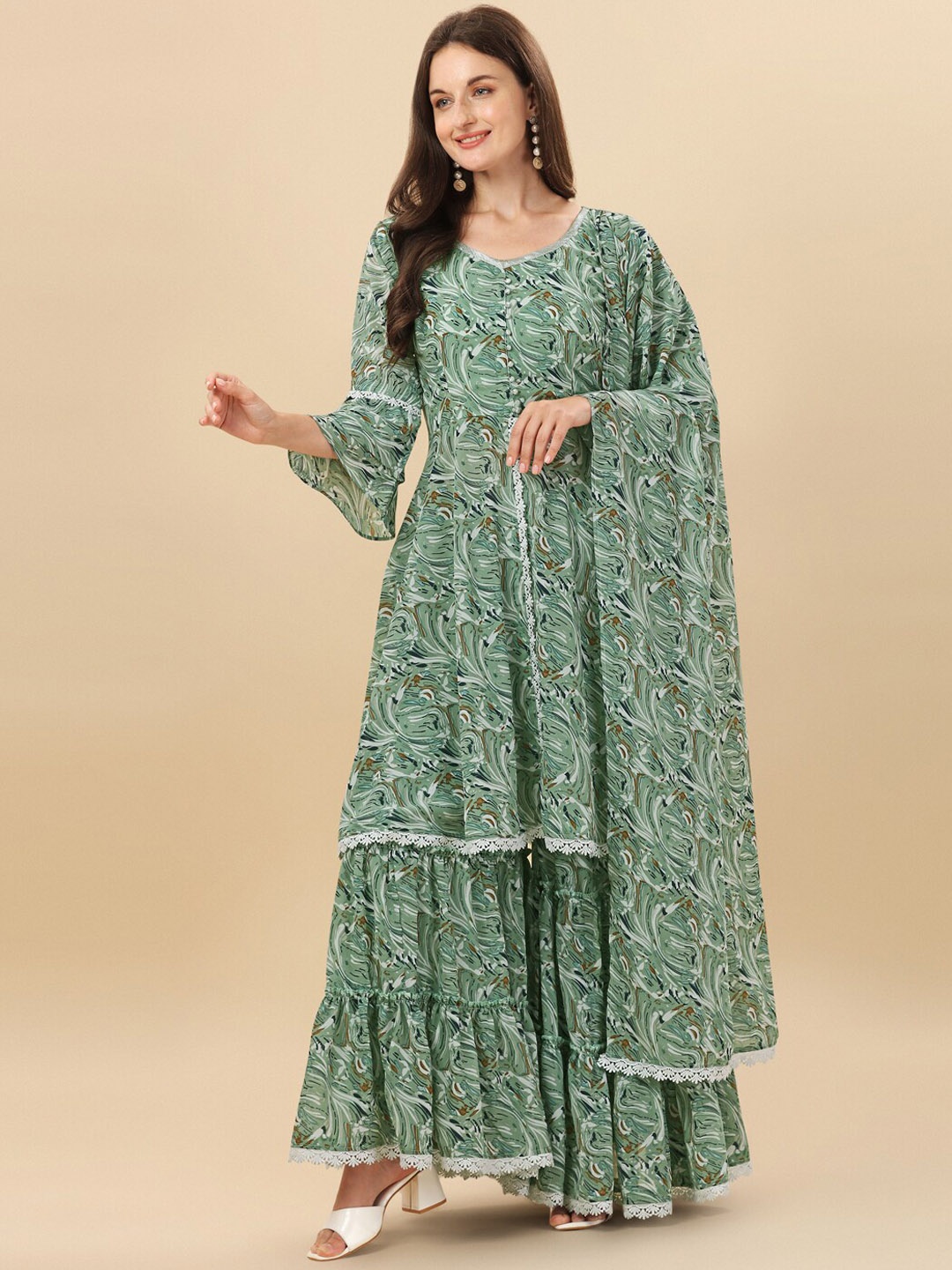 

Virah Fashion Printed Pleated Kurta with Sharara & With Dupatta, Green