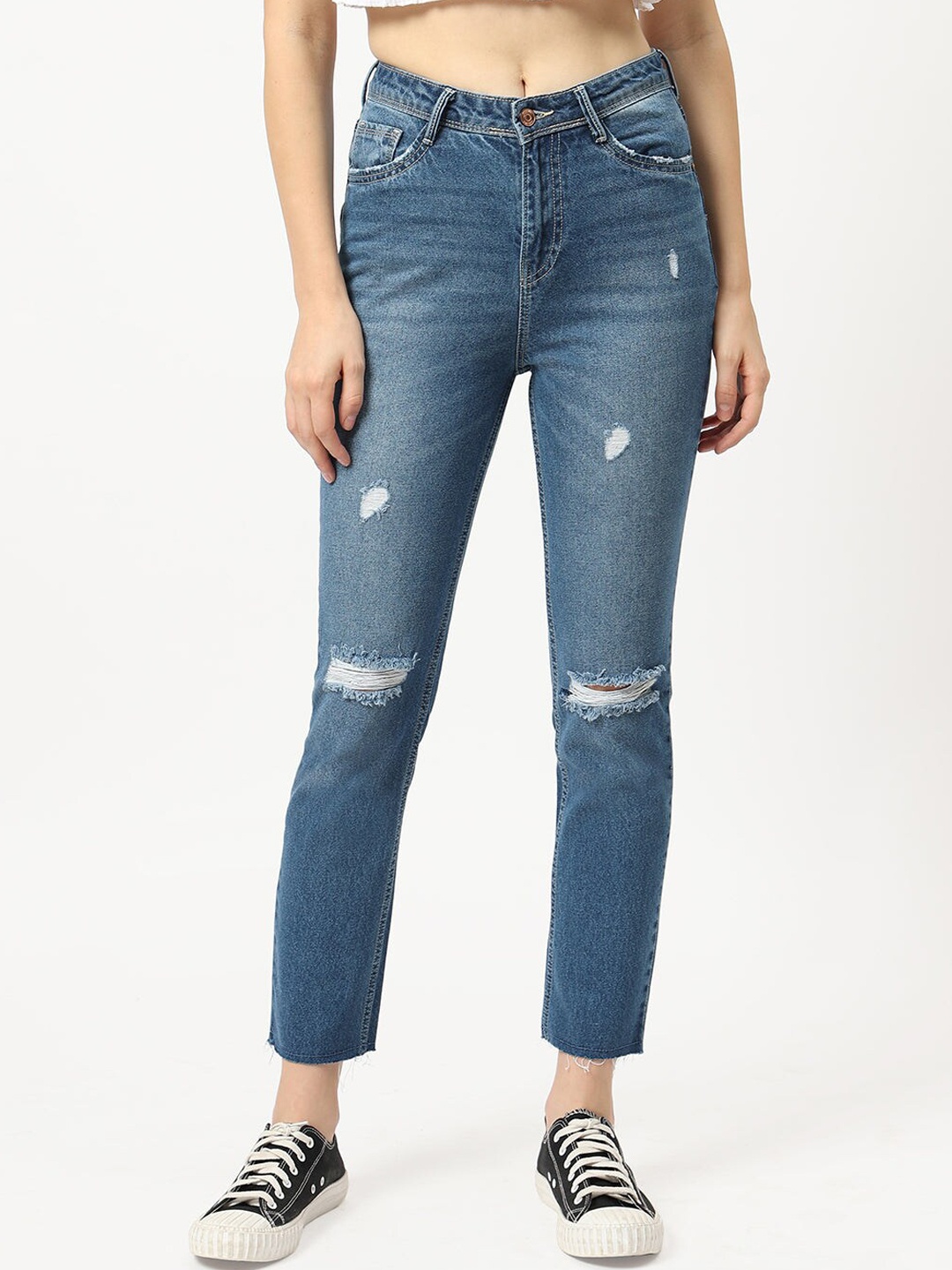 

Kraus Jeans Women Straight Fit Mildly Distressed Light Fade Jeans, Blue